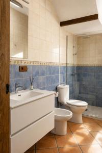 a bathroom with a toilet and a sink and a tub at Alojamientos El Cañico in Moratalla