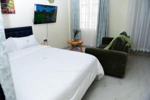 a bedroom with a bed and a chair and a tv at comfystdngong in Nairobi