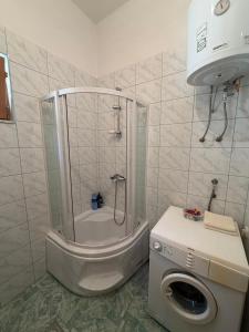 a bathroom with a shower and a washing machine at Boracko jezero vikendica Ka&No in Konjic +25 photos
