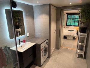 a bathroom with a sink and a washing machine at Cozy Modern Basement in Rättvik in Rättvik