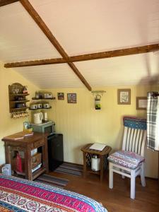 a living room with a couch and a chair and a table at Tyluna Cornish Glamping Cabin in Praze an Beeble +17 photos