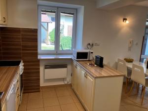 a kitchen with a counter with a microwave on it at Chalupa Marie in Radimovice u Želcě +43 photos