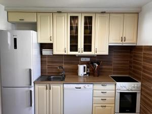 a kitchen with white appliances and wooden cabinets at Chalupa Marie in Radimovice u Želcě