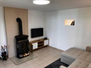 a living room with a fireplace and a television at Chalupa Marie in Radimovice u Želcě