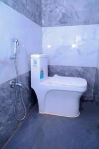 a bathroom with a white toilet and a shower at Loki guest House in Chikmagalūr