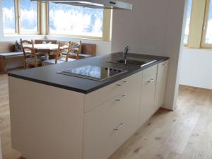 a kitchen with a sink and a table at Haus Katharina in Schnepfau