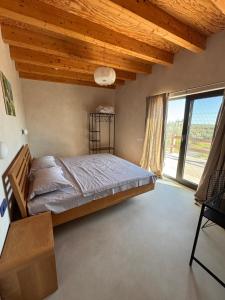 a bedroom with a bed and a large window at Casa Zaan in Sulina
