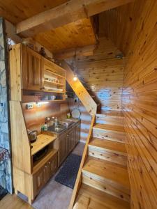 a kitchen with wooden walls and stairs in a cabin at Orange House in nature in Žabljak +13 photos