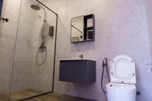 a bathroom with a shower and a toilet and a mirror at Rasah Golfers Cottage in Tanah Rata