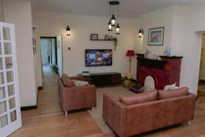 a living room with two couches and a fireplace at Rasah Golfers Cottage in Tanah Rata +40 photos