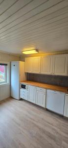 a kitchen with white cabinets and a white refrigerator at Røisheim in Tyinkrysset
