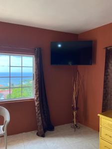 a living room with a flat screen tv on the wall at Vista Oceanica in Ocho Rios