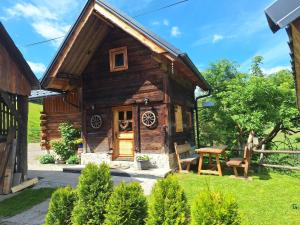 a log cabin with a picnic table in the yard at Leitnerbauer's Troadkasten in Donnersbach