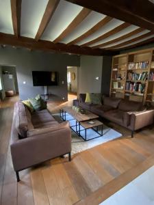 a living room with two couches and a tv at Maison l'amitié in Ellezelles