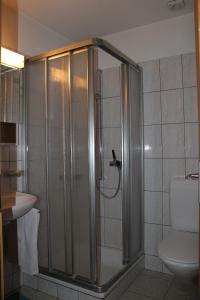 a bathroom with a shower with a toilet and a sink at Hotel Foppoli in Poschiavo