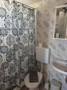 a bathroom with a toilet and a sink at Nikos Apartments in Lefkos Karpathou