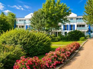 a garden with pink flowers in front of a building at ZingstUrlauber in Zingst