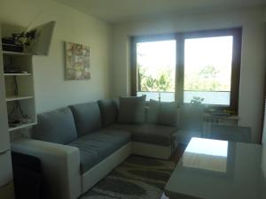 a living room with a blue couch and a window at Ferienwohnung Blick am Mittagskogel in Velden am Wörthersee