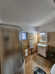 a bathroom with a shower and a sink at Apartament Salcia Slanic Moldova in Slănic-Moldova +16 photos