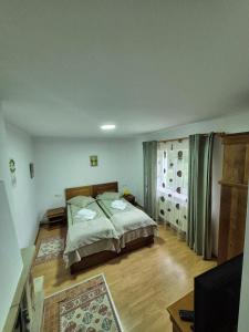 a bedroom with a large bed and a wooden floor at Apartament Salcia Slanic Moldova in Slănic-Moldova