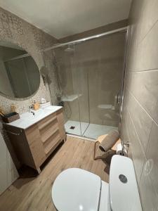 a bathroom with a shower and a toilet and a sink at VUT TRINIDAD 3 dormitorio in La Guardia +11 photos