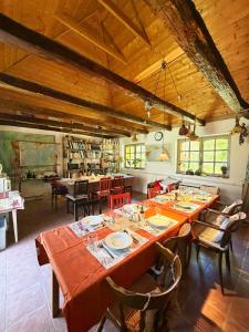 a large dining room with a long table and chairs at Park Apartman in Sály
