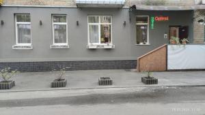 a building with three potted plants in front of it at Optimal in Vyshneve