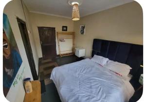 a bedroom with a bed with a blue comforter at Iringa Hillside backpackers in Iringa