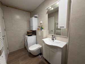 a bathroom with a toilet and a sink and a mirror at Apartment Alto in Sarajevo