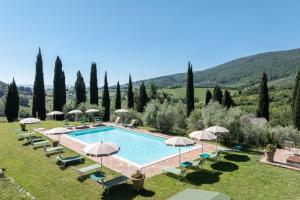 a swimming pool with chairs and umbrellas in a garden at Podere le Lune with Pool, San Gimignano in San Gimignano