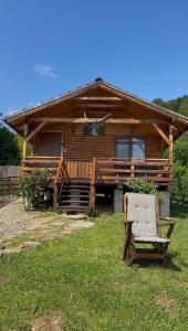 a log cabin with a chair in front of it at Chalets du BF in Sighişoara