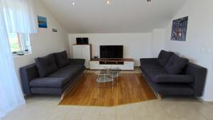 a living room with two couches and a tv at Rustic Apartment Mariva in Ljubač