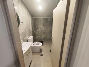 a bathroom with a white toilet and a sink at Savvas's Room in Nea Kallikrateia +2 photos