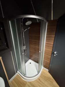a shower with a glass door in a room at Casa ISEHEIA in Sibiel
