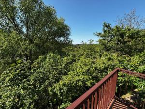 a wooden bridge with trees in the background at Chalupa Renatka in Hartvíkovice +10 photos
