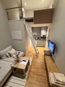 a living room with a couch and a table and a tv at Studio apartment in Sogndal