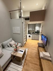 a living room with a couch and a table and a tv at Studio apartment in Sogndal