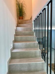 a staircase in a house with a potted plant at Margarita's apartment 4 in Nea Peramos