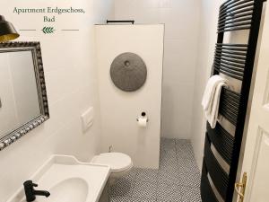 a bathroom with a toilet and a sink and a mirror at Villa Deli in Wischhafen +31 photos