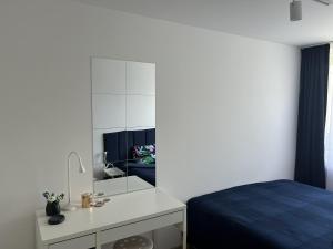 a bedroom with a bed and a mirror at Apartament Drzymały in Lubin +1 photo