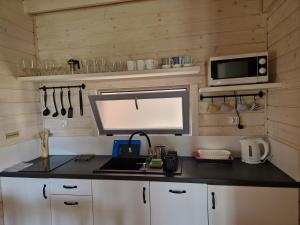 a kitchen with a counter with a sink and a microwave at LABALAND in Gąski