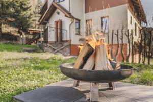 a fire pit filled with wood in a yard at Orličky Apartments in Orličky