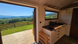 a cabin with a sink and a large window at Glamping Šumava in Hartmanice +19 photos