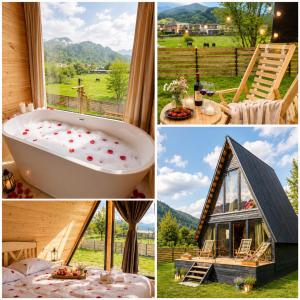 a collage of pictures with a bath tub and a barn at Borjomi Hills in Borjomi
