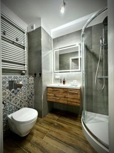 a bathroom with a toilet and a sink and a shower at InGalaxy Green Apartment in Szczecin