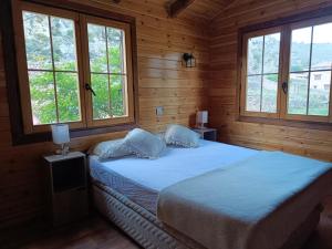 a bedroom with a bed with two pillows and two windows at Casa de la Hoz in Calomarde