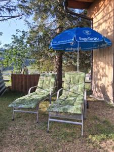 two chairs and an umbrella in the yard at Hochtal Apartments in Tannheim