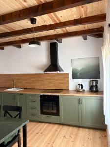 a kitchen with green cabinets and a wooden ceiling at Casa dintre munti in Bozioru