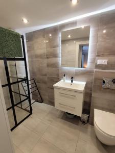 a bathroom with a sink and a mirror and a toilet at Pokoje Koral in Mikołajki +28 photos