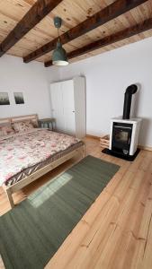 a bedroom with a bed and a fireplace in it at Casa dintre munti in Bozioru